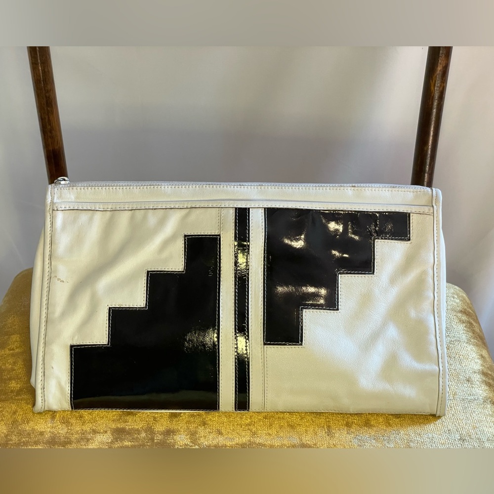 Oversized, Vintage, Leather Clutch, black and white southwest pattern